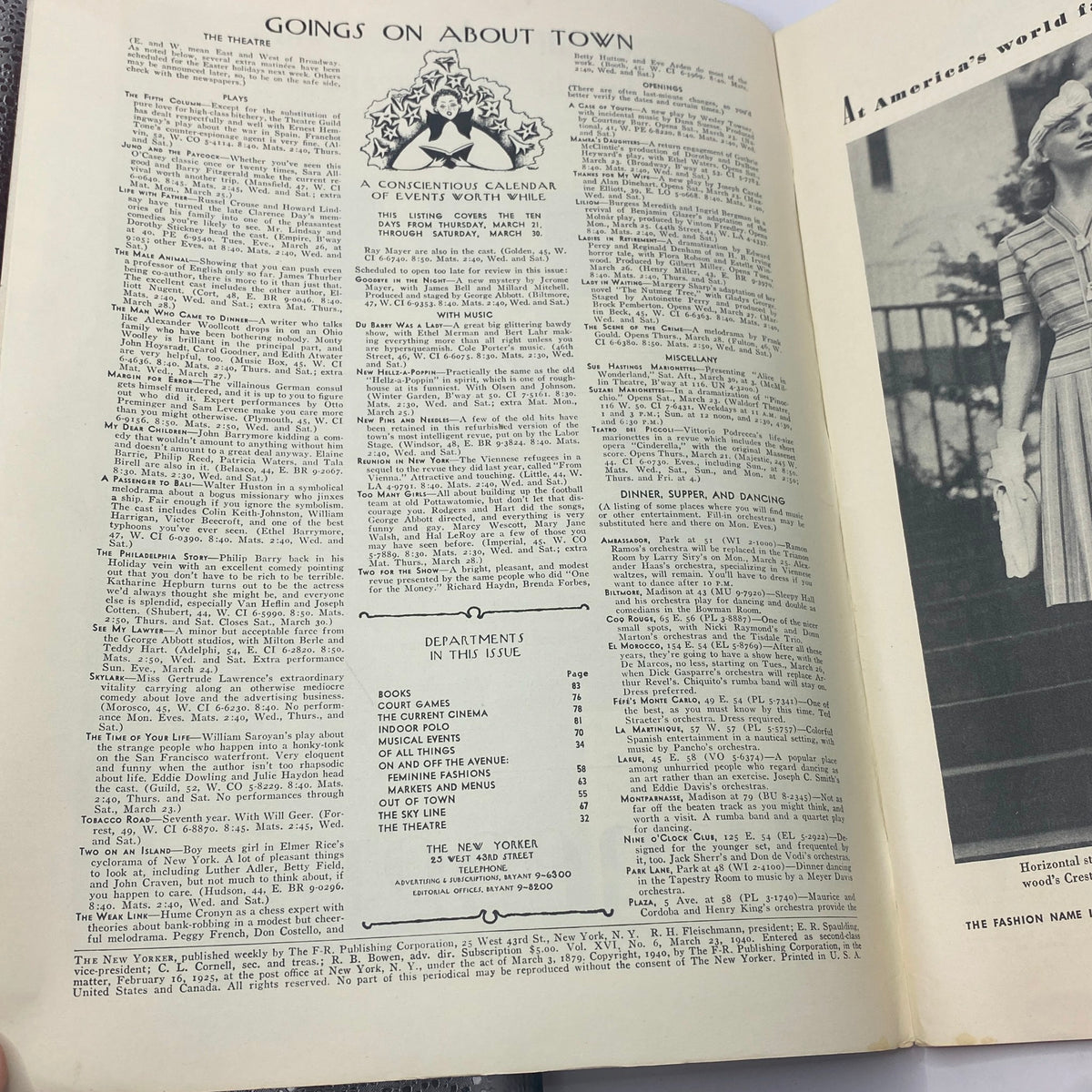 Interior page of The New Yorker magazine from March 23, 1940, featuring Goings On About Town section with events and cultural highlights. The page showcases a calendar of events and sections in this vintage issue, known for its artistic contributions.