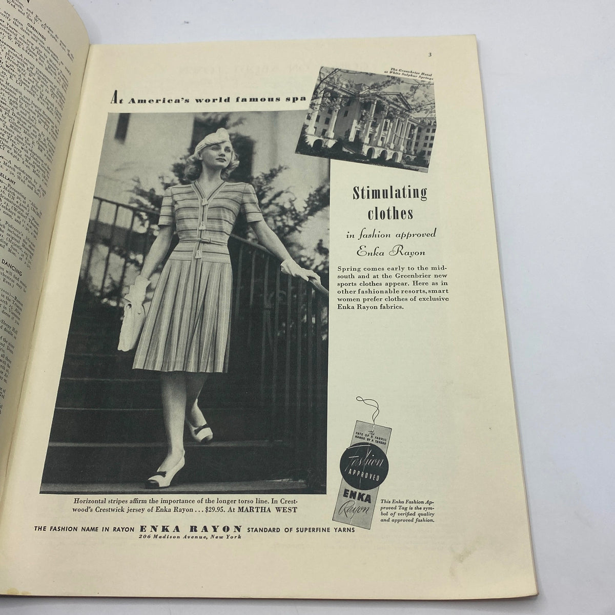 Black and white advertisement from The New Yorker magazine dated March 23, 1940, showcasing a model in a striped dress. This page represents fashion trends of the era and includes promotional content for Enka Rayon fabrics.