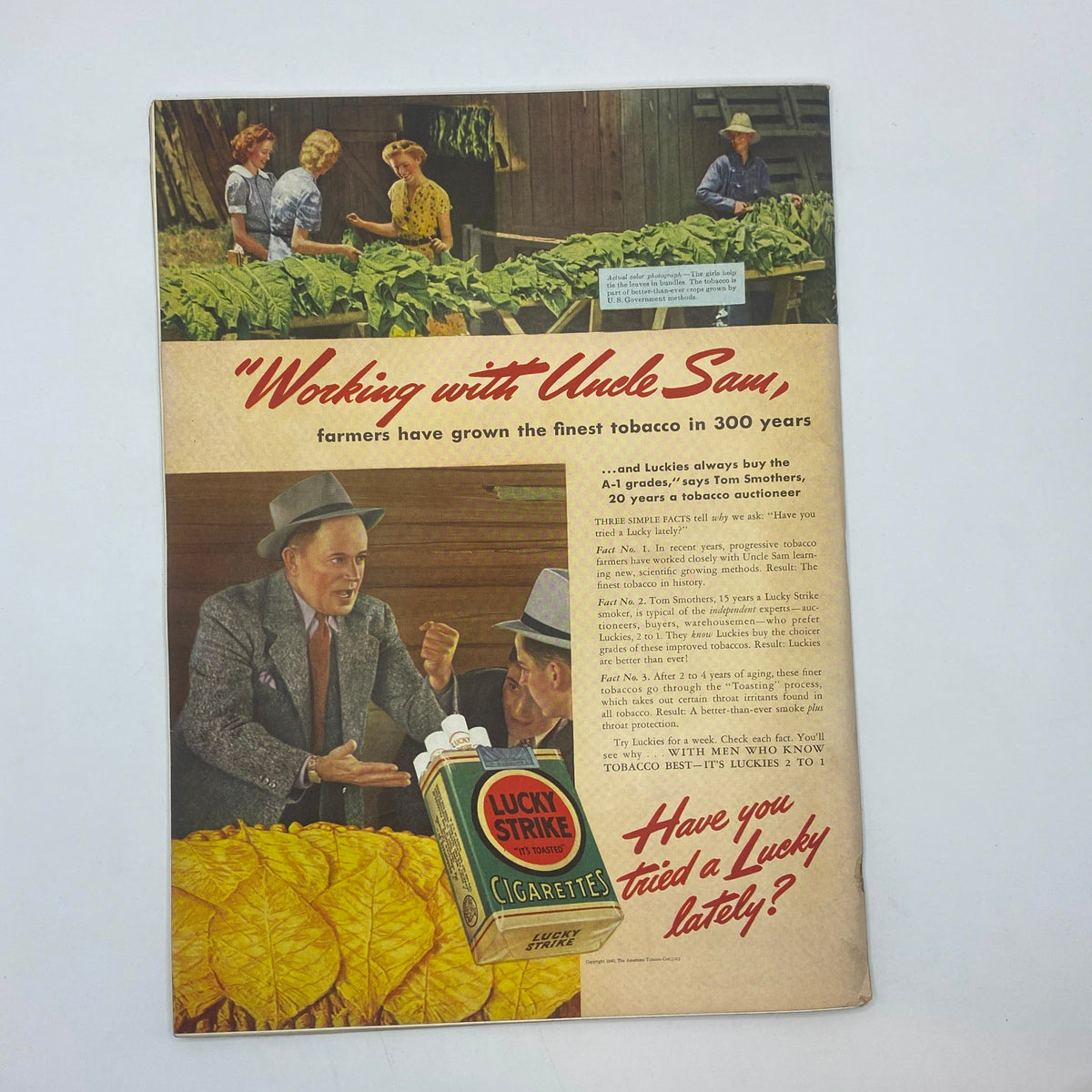 Advertisement for Lucky Strike cigarettes from The New Yorker magazine dated March 23, 1940, depicting farmers and tobacco harvesting. This vintage ad emphasizes American farming and the quality of tobacco used in Lucky Strike cigarettes.