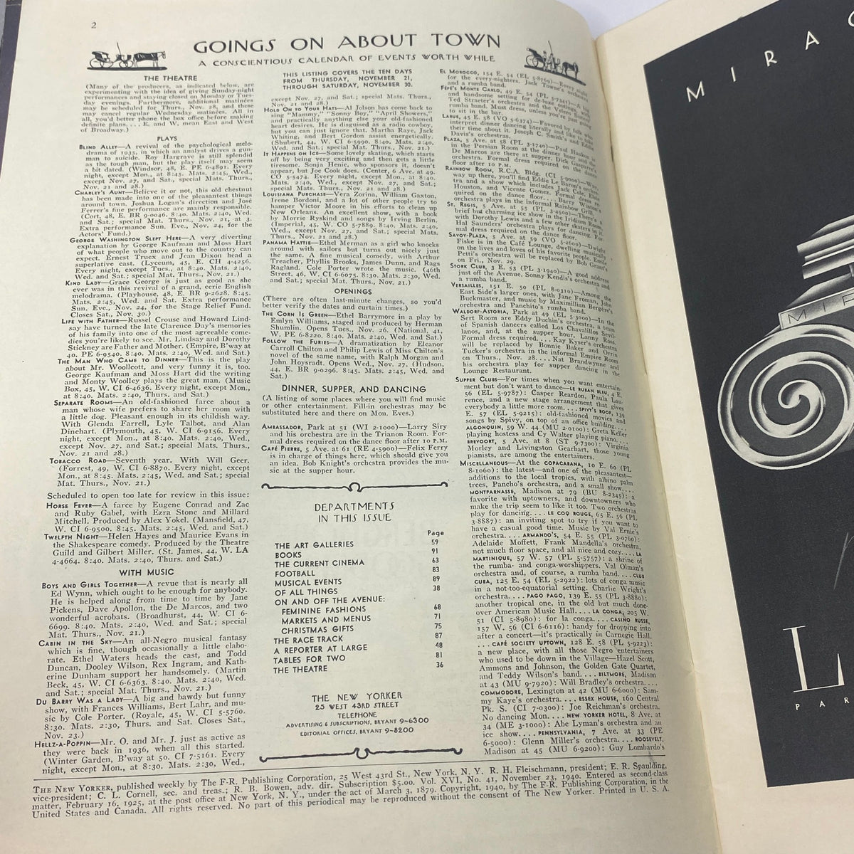 Inside page of The New Yorker magazine from November 23, 1940, featuring content titled 'Goings On About Town' with events, plays, and dining recommendations, reflecting the cultural scene of the time.