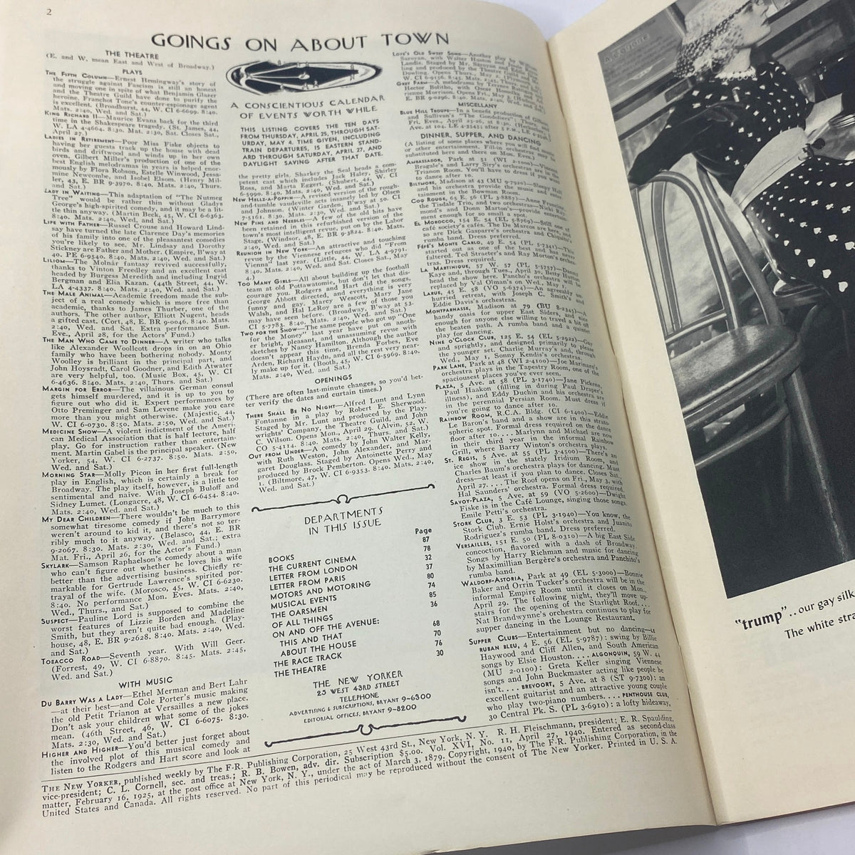 Page from The New Yorker Complete Magazine April 27, 1940 featuring the Goings On About Town section, with a detailed calendar of events and a layout typical of mid-20th-century magazines.