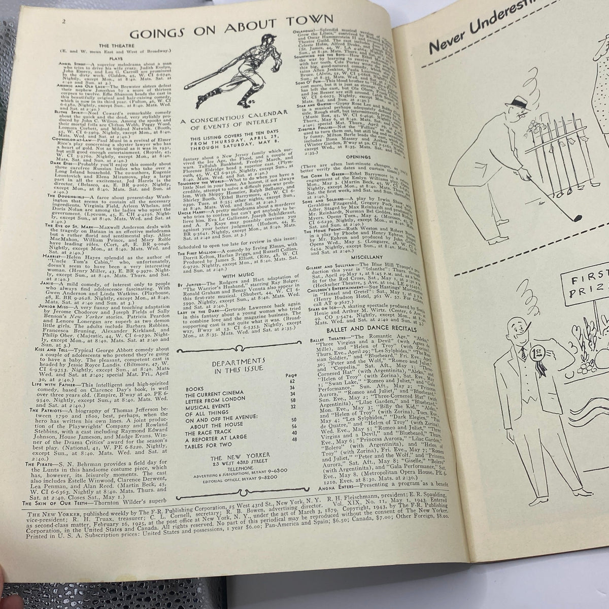 Inside pages of The New Yorker magazine, May 1, 1943, featuring the 'Goings On About Town' section with listings of cultural events and humorous illustrations.