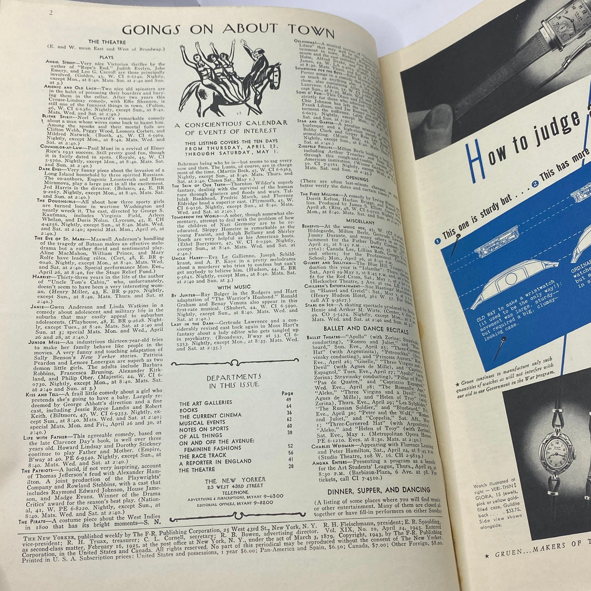 Interior pages from The New Yorker Complete Magazine April 24, 1943 featuring a calendar of events and arts listings. The magazine showcases Leonard Dove's artistic influence in vintage publications.