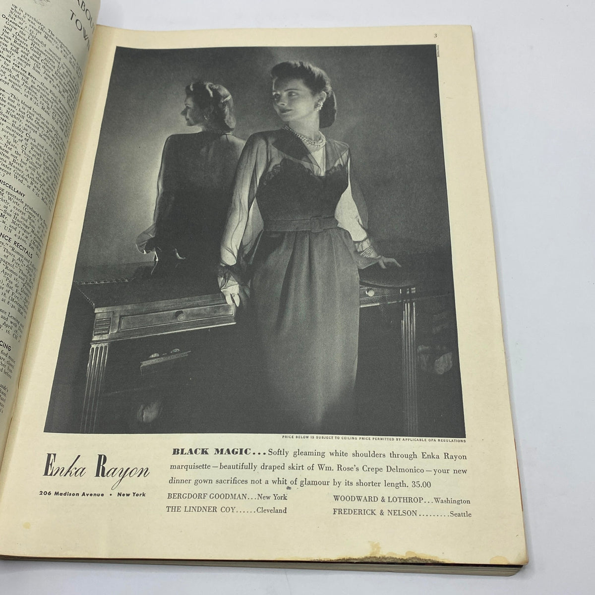 Interior page from The New Yorker Complete Magazine April 17, 1943 featuring a fashion advertisement for Enka Rayon.