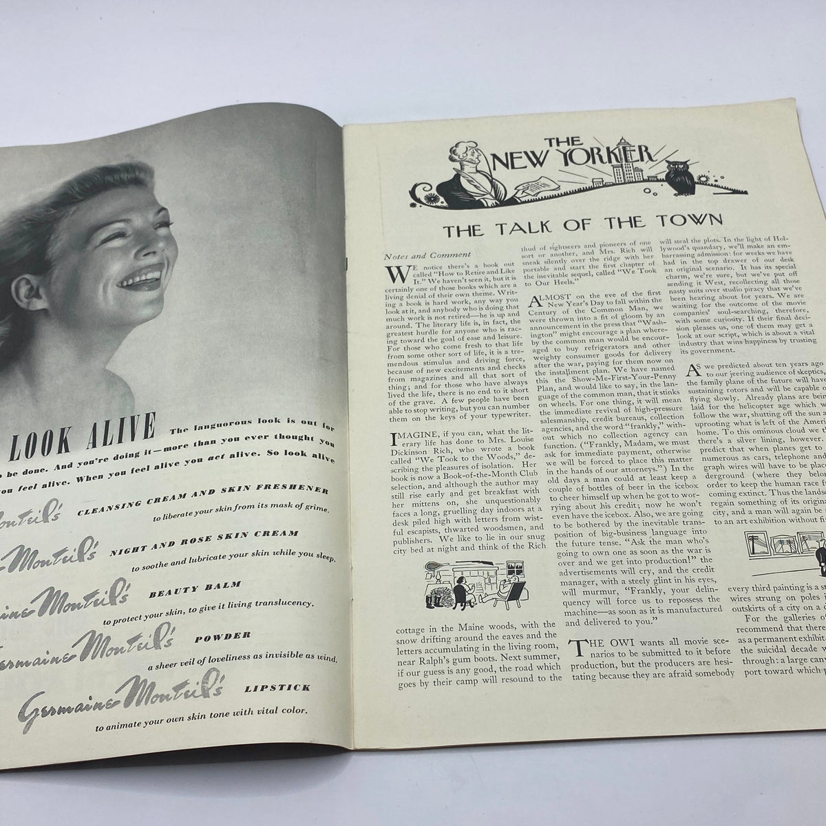 Inside spread of The New Yorker magazine from January 2, 1943, displaying an advertisement and the 'Talk of the Town' section, illustrating the magazine's vintage design, featuring the title 'The New Yorker Complete Magazine January 2, 1943 Ludwig Bemelmans Cover VG'.