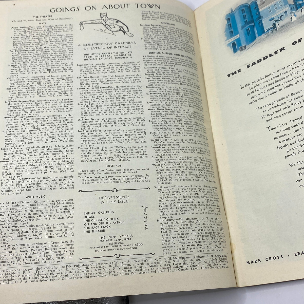 Interior pages from The New Yorker magazine dated August 28, 1943, showcasing the 'Goings on About Town' section and magazine features.