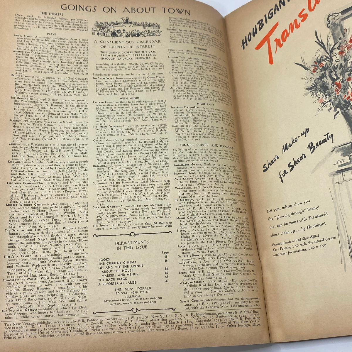 Inside pages of The New Yorker Complete Magazine September 4, 1943 featuring schedule of events and advertisements, showcasing vintage design.