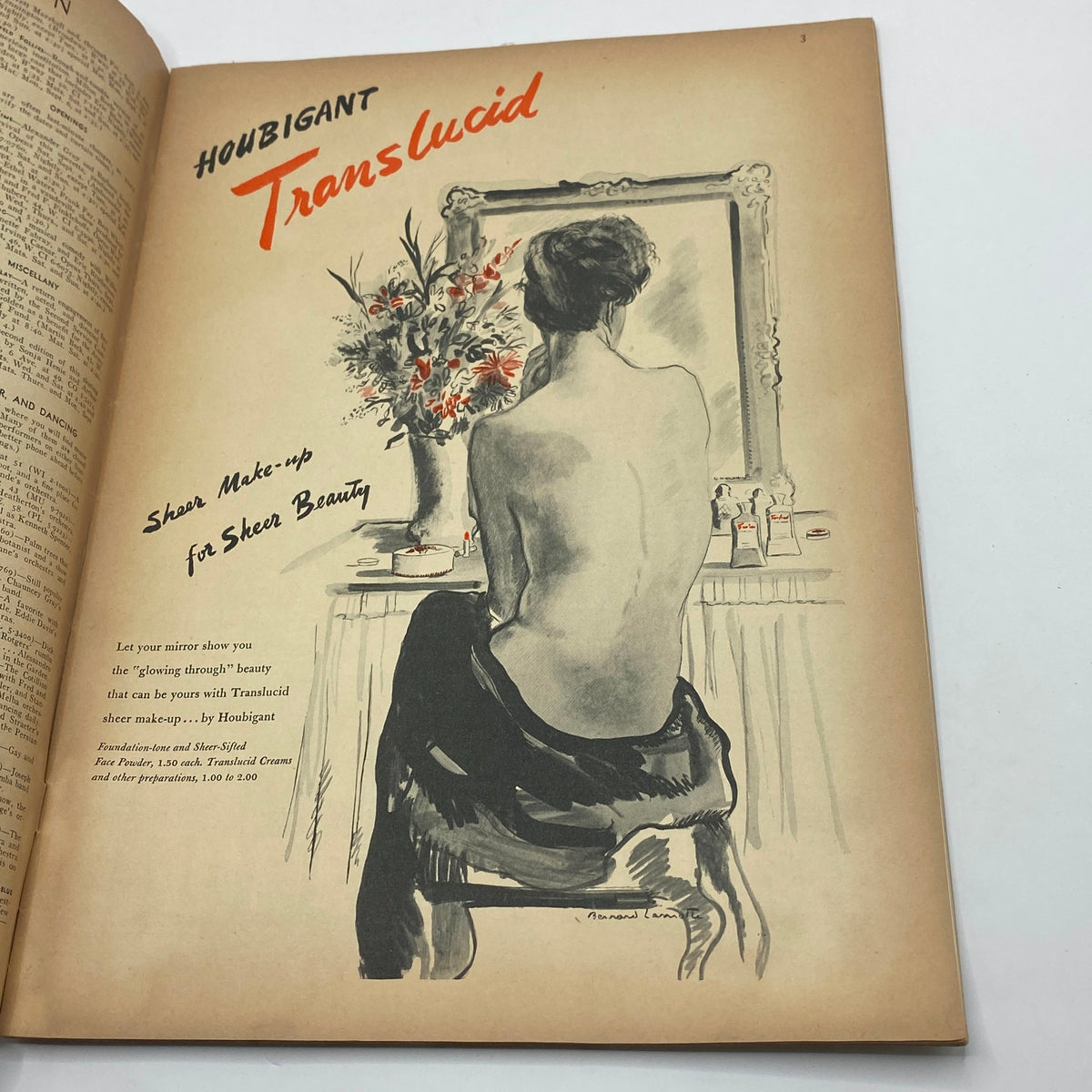Page from The New Yorker Complete Magazine September 4, 1943 displaying a beauty product advertisement for Houbigant Translucid makeup with an elegant illustration.