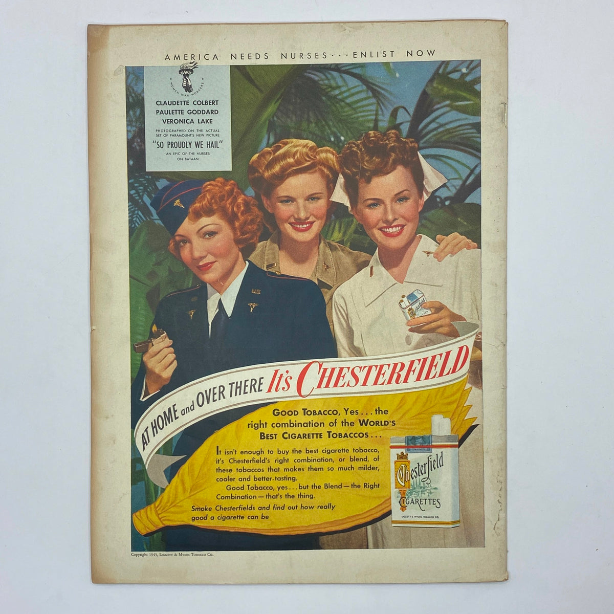 Advertisement page from The New Yorker Complete Magazine September 4, 1943 featuring three women promoting Chesterfield cigarettes with a vibrant background.