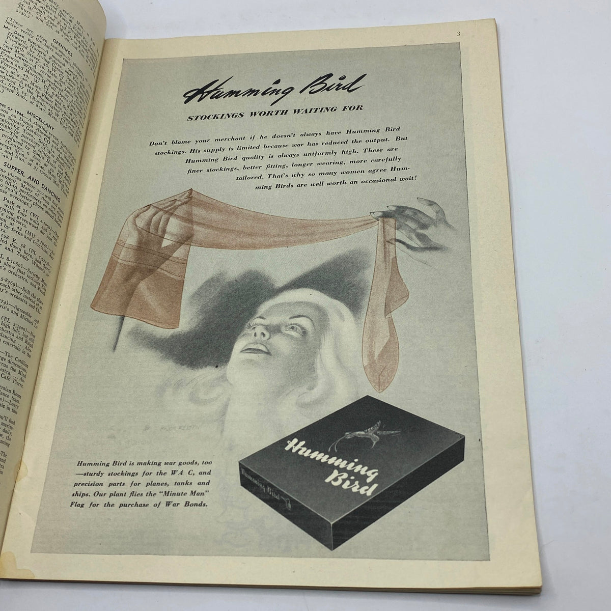Advertisement for Humming Bird stockings in The New Yorker Complete Magazine September 11, 1943 showcasing a model with stockings.