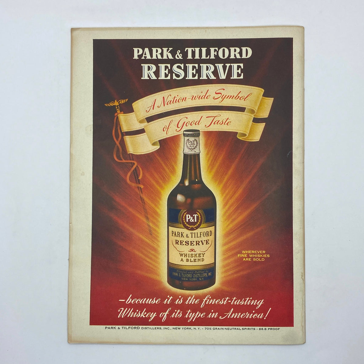Park & Tilford Reserve whiskey advertisement featured in The New Yorker Complete Magazine September 11, 1943 highlighting the product's premium quality.