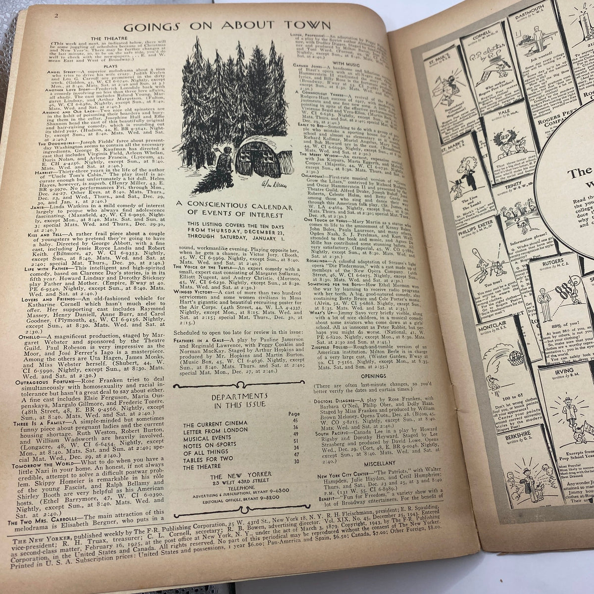 Interior page from The New Yorker Complete Magazine December 25, 1943 featuring Goings On About Town, an illustrated calendar of events with intricate details and listings.