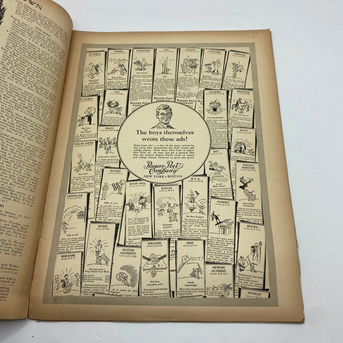 Another interior page from The New Yorker Complete Magazine December 25, 1943 displaying advertisements with a vintage design showcasing various events and companies in New York.