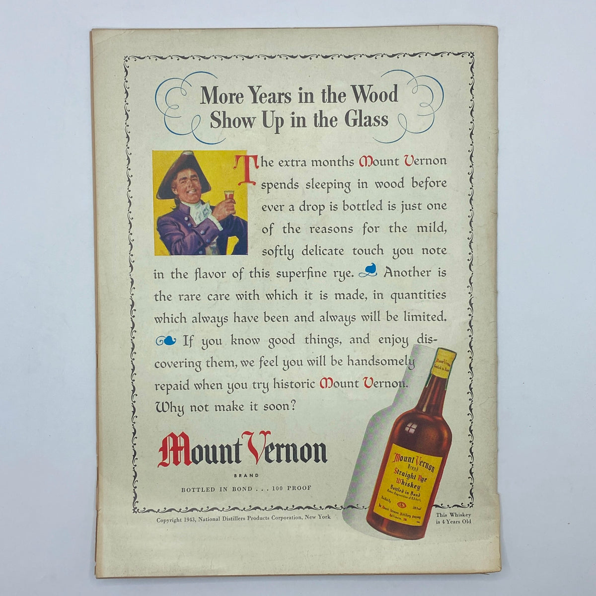 Back advertisement page from The New Yorker Complete Magazine December 25, 1943 promoting Mount Vernon rye whiskey with historical context and alluring imagery.