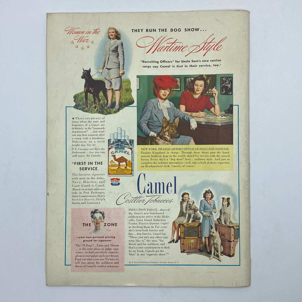 Styled advertisement from The New Yorker July 3, 1943 showcasing women in wartime attire alongside dogs, promoting Camel cigarettes with a focus on their association with the military.