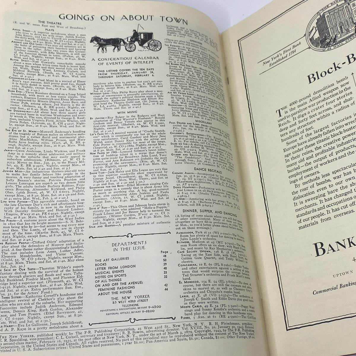 Interior page of The New Yorker magazine from January 30, 1943, featuring 'Goings On About Town' section with calendar events and artistic listings.