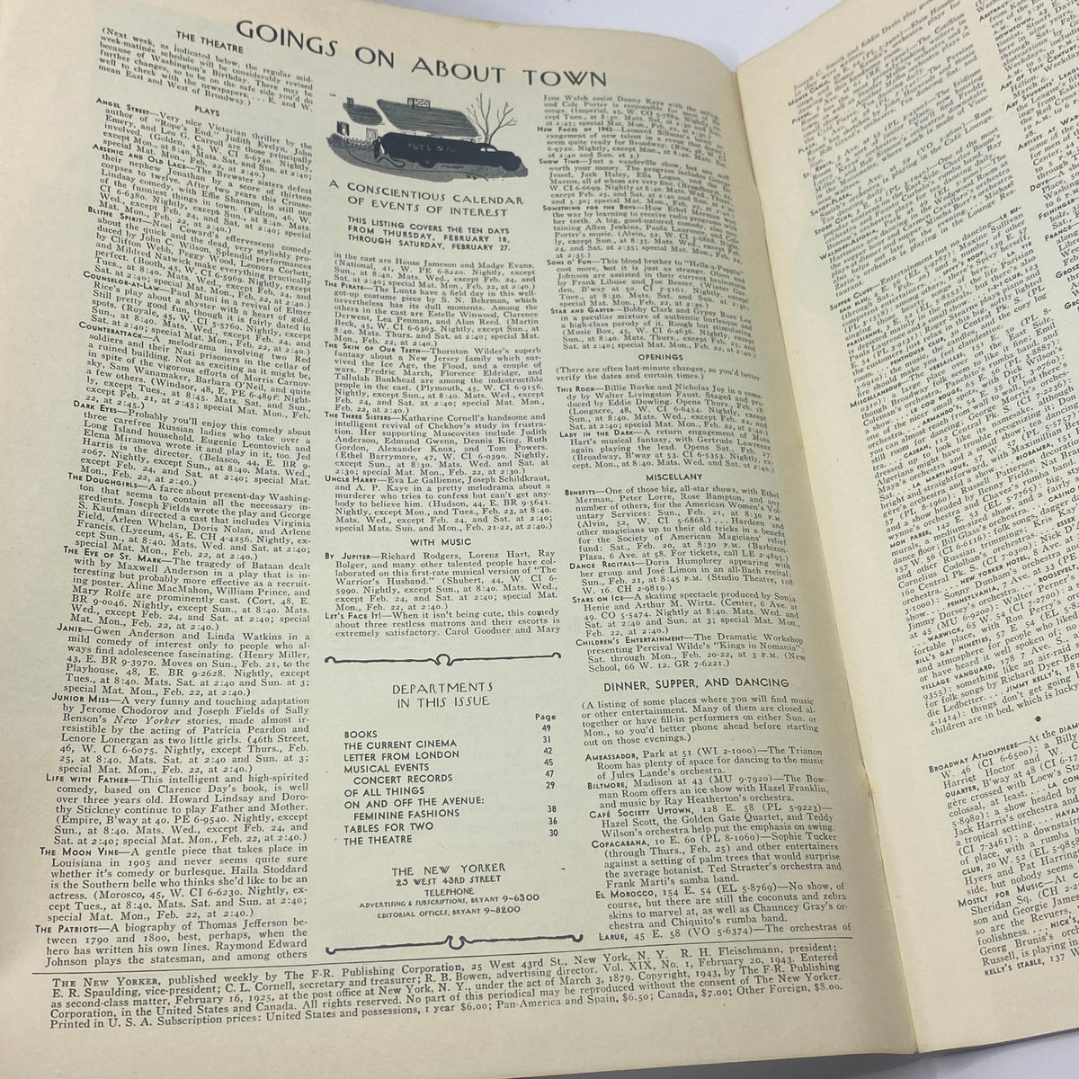 Inside pages of The New Yorker Complete Magazine February 20, 1943 featuring the column 'Goings On About Town', showcasing cultural events and department listings from that era.