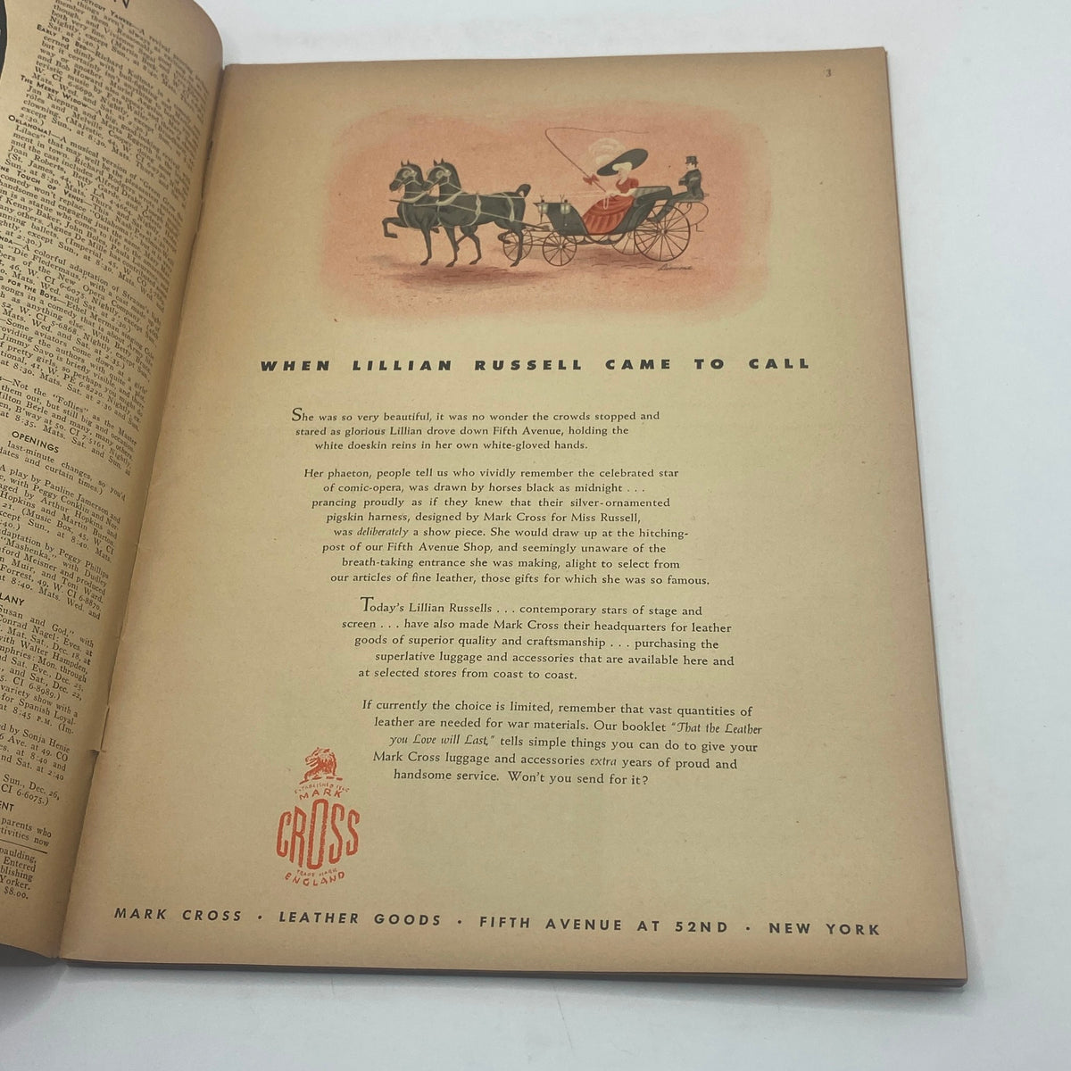 Inner page from The New Yorker Complete Magazine December 18, 1943 highlighting an article titled 'When Lillian Russell Came to Call' with accompanying illustration of Lillian Russell in a horse-drawn carriage.