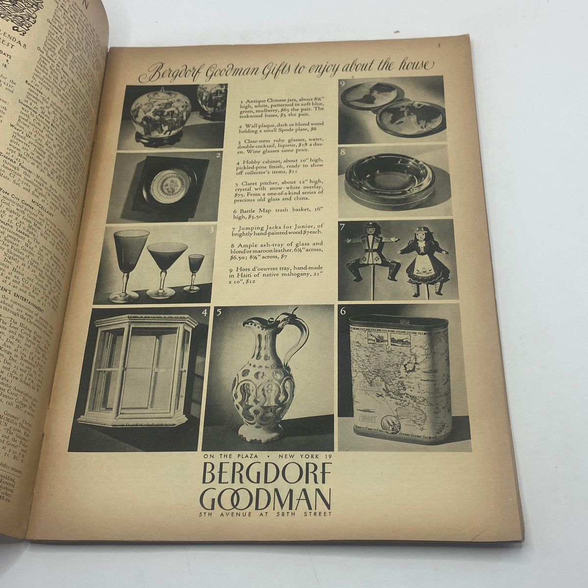 Advertisement page from The New Yorker Complete Magazine December 11, 1943, featuring a collection of gifts suggested by Bergdorf Goodman, displayed in vintage black and white photography.