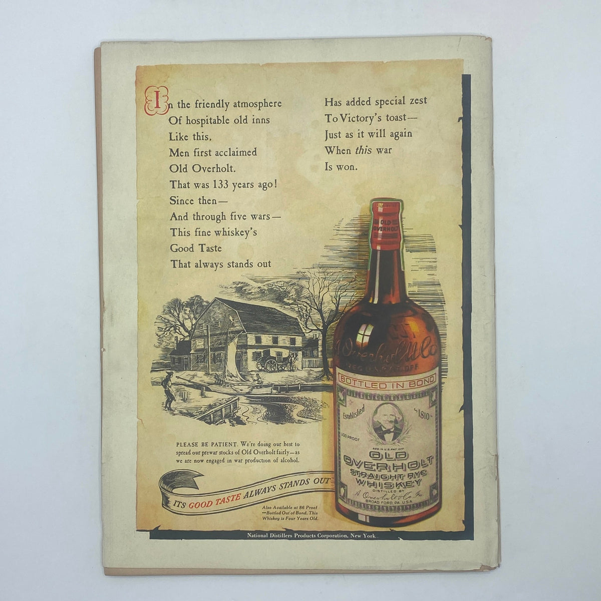 Back cover of The New Yorker Complete Magazine December 11, 1943, featuring an advertisement for Old Overholt whiskey with an illustrated scene of a historic inn.