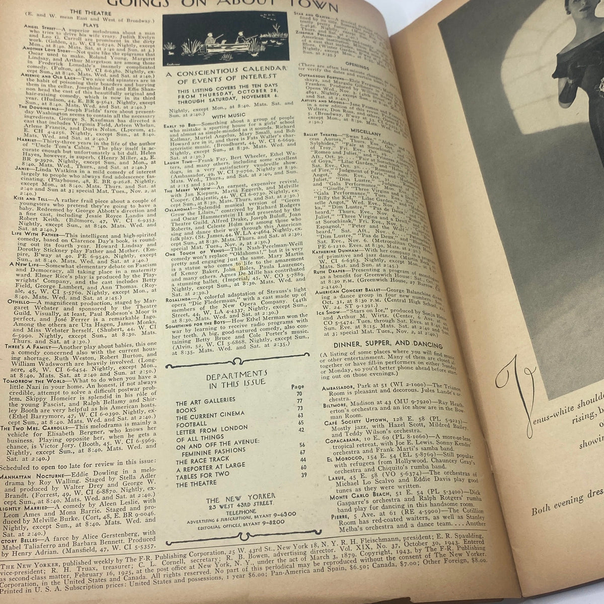 A close-up view of the vintage magazine's content from The New Yorker Magazine October 30, 1943, highlighting the detailed text and layout typical of that era.