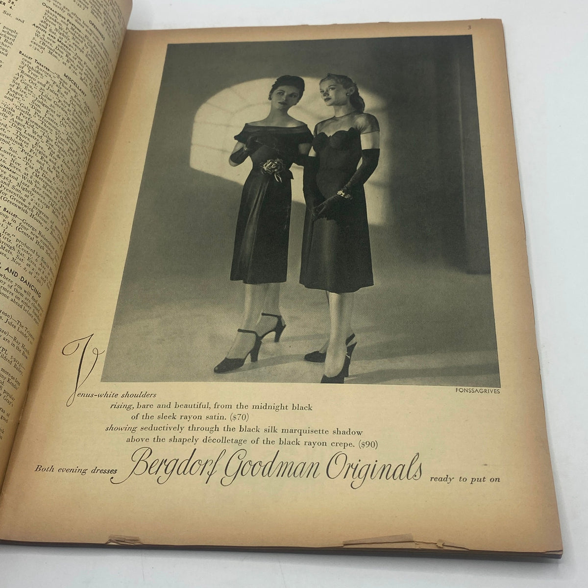 Page from The New Yorker Complete Magazine October 30, 1943 showing elegant women in evening dresses, advertising Bergdorf Goodman Originals, highlighting 1940s fashion trends.