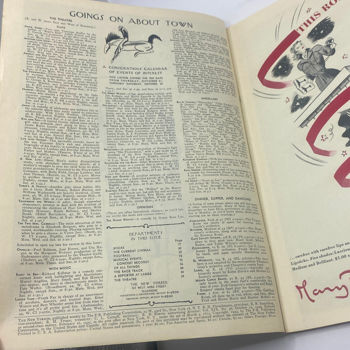 Interior page from The New Yorker magazine, October 23, 1943, featuring event listings and article titles with a humorous cartoon illustration, showcasing the vintage style of Leonard Dove's artwork.