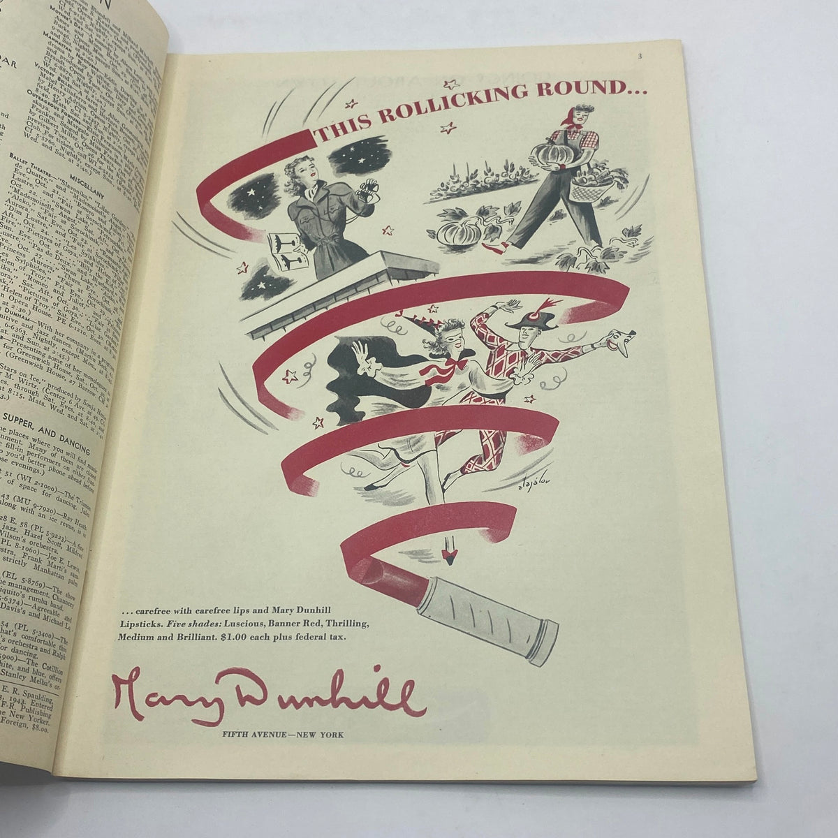Another interior page from The New Yorker magazine, October 23, 1943, displaying an advertisement for Mary Dunhill Lipsticks, featuring a whimsical illustration of women in festive attire.