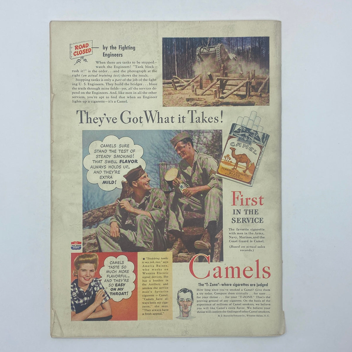 Vintage advertisement from The New Yorker Complete Magazine October 23, 1943 featuring a military-themed Camel cigarettes ad with soldiers enjoying cigarettes. The ad highlights the flavor and mildness of Camel cigarettes, embodying the era's marketing style. This issue presents a snapshot of 1940s American culture and consumerism, making it a unique collectible for enthusiasts.