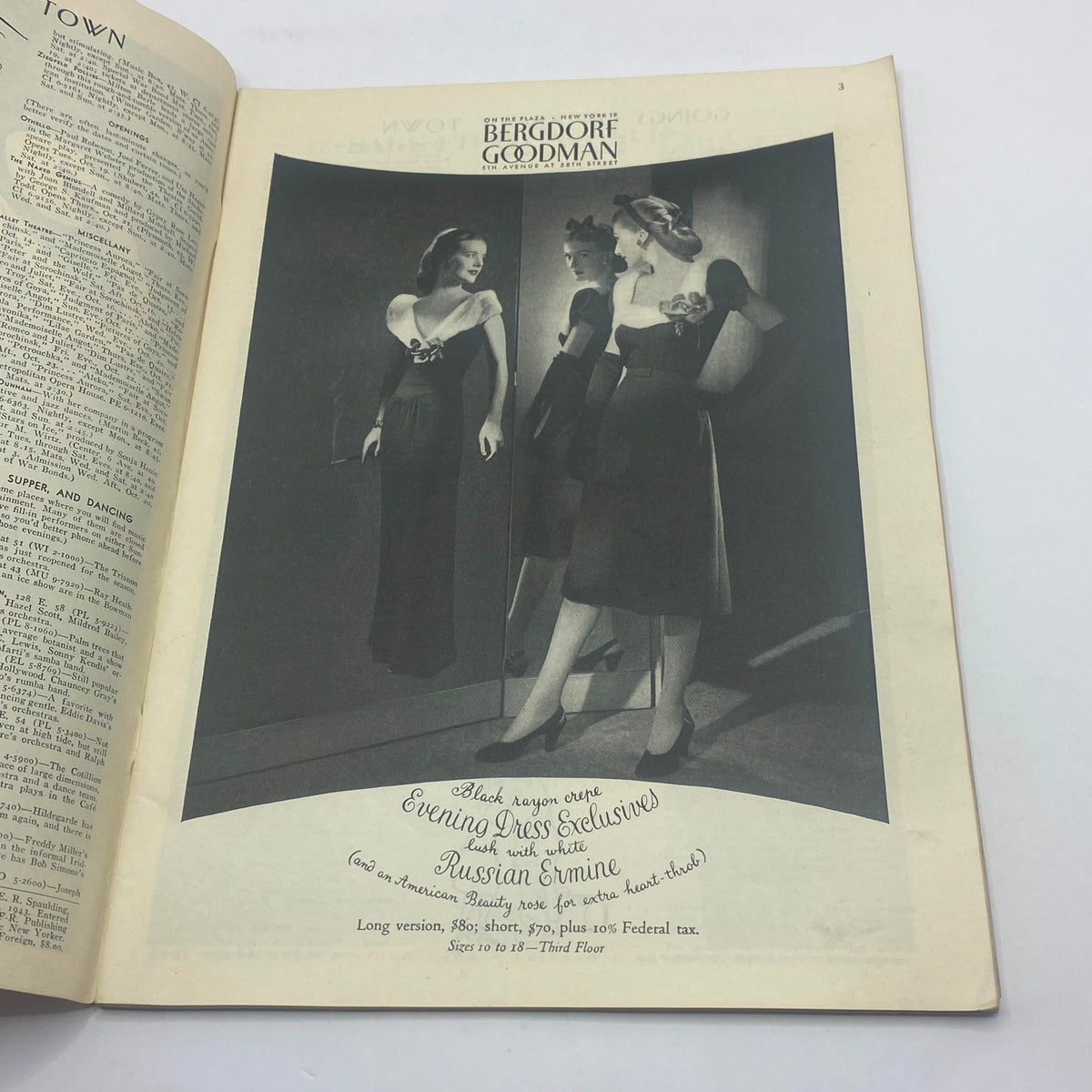 Vintage advertising from The New Yorker complete magazine October 16, 1943 featuring Bergdorf Goodman evening dress collection.