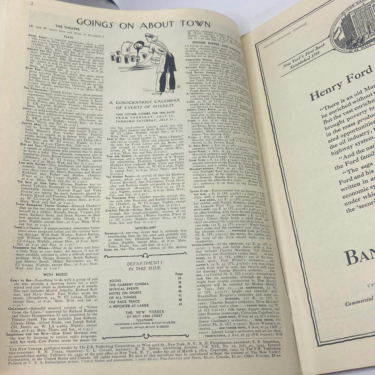 Interior page of The New Yorker Complete Magazine July 24, 1943 displaying listings in 'Goings On About Town', featuring cultural events and activities of interest.