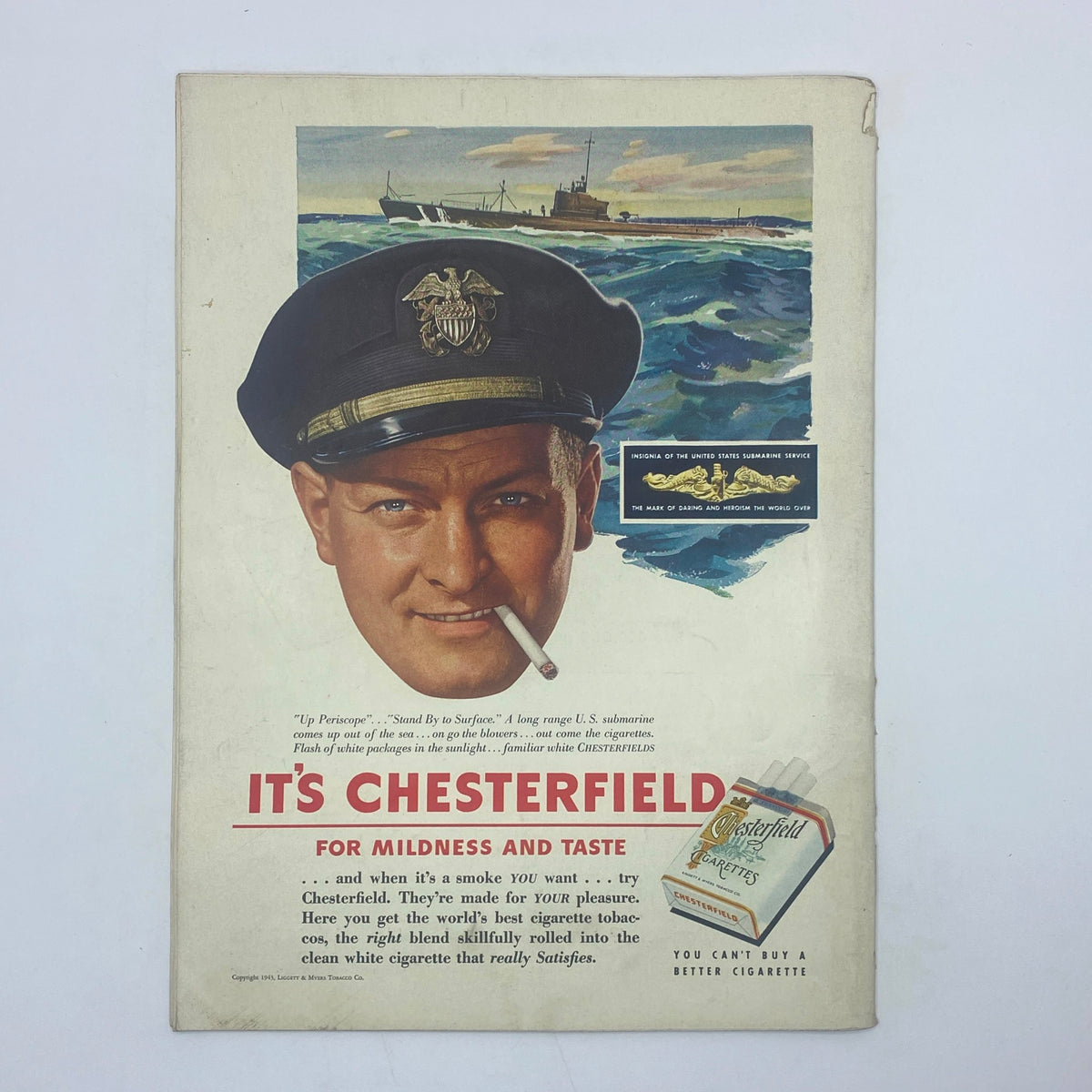 Cover of The New Yorker Complete Magazine July 24, 1943 featuring a vintage advertisement for Chesterfield cigarettes with a smiling sailor wearing a U.S. submarine service cap, showcasing nautical imagery in the background.