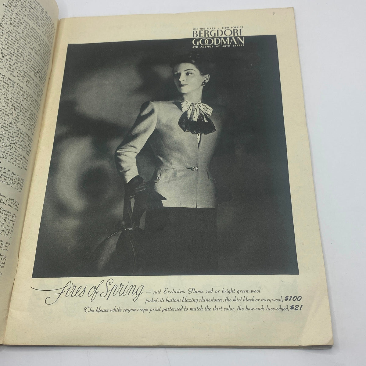 Another interior page of The New Yorker magazine, February 12, 1944, featuring an advertisement for Bergdorf Goodman showcasing a model in fashionable attire.