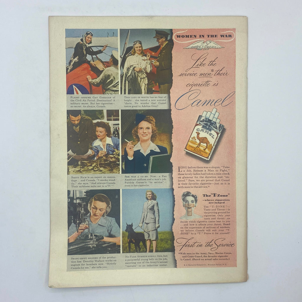 Women in the War advertisement featuring various images of women contributing during WWII alongside a Camel cigarette ad, from The New Yorker Complete Magazine February 12, 1944 Chas Addams Cover.