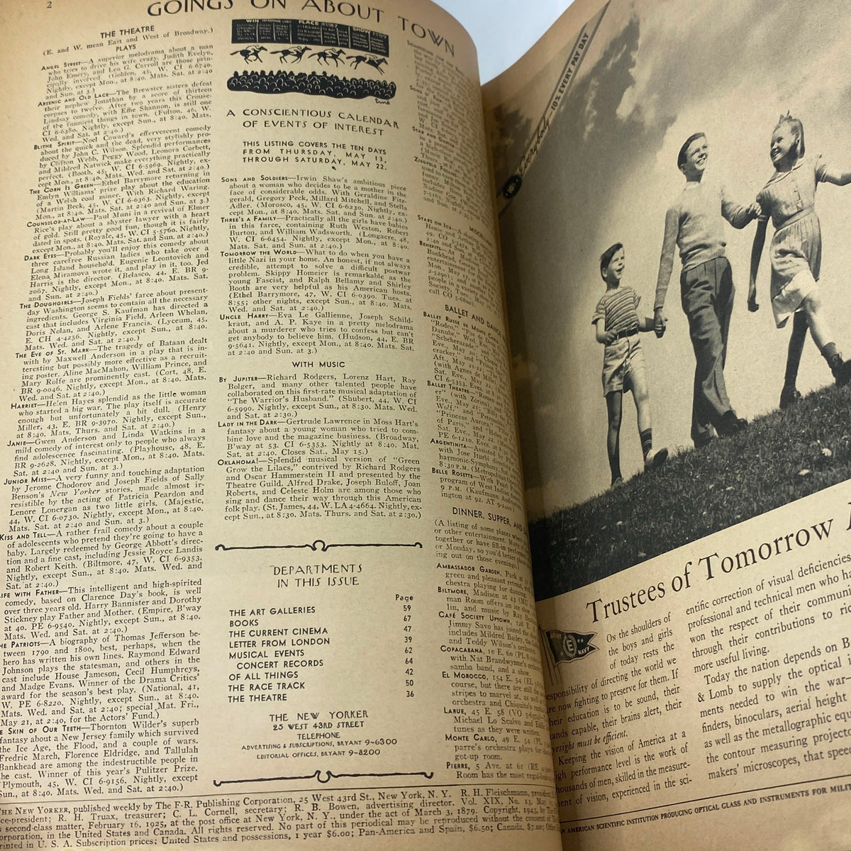 Inside spread of The New Yorker Complete Magazine May 15, 1943 featuring events calendar and articles, capturing a vintage aesthetic.