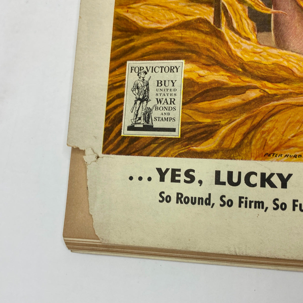 Close-up of a vintage Lucky Strike tobacco advertisement from The New Yorker magazine, showcasing an illustration urging to buy war bonds and stamps.