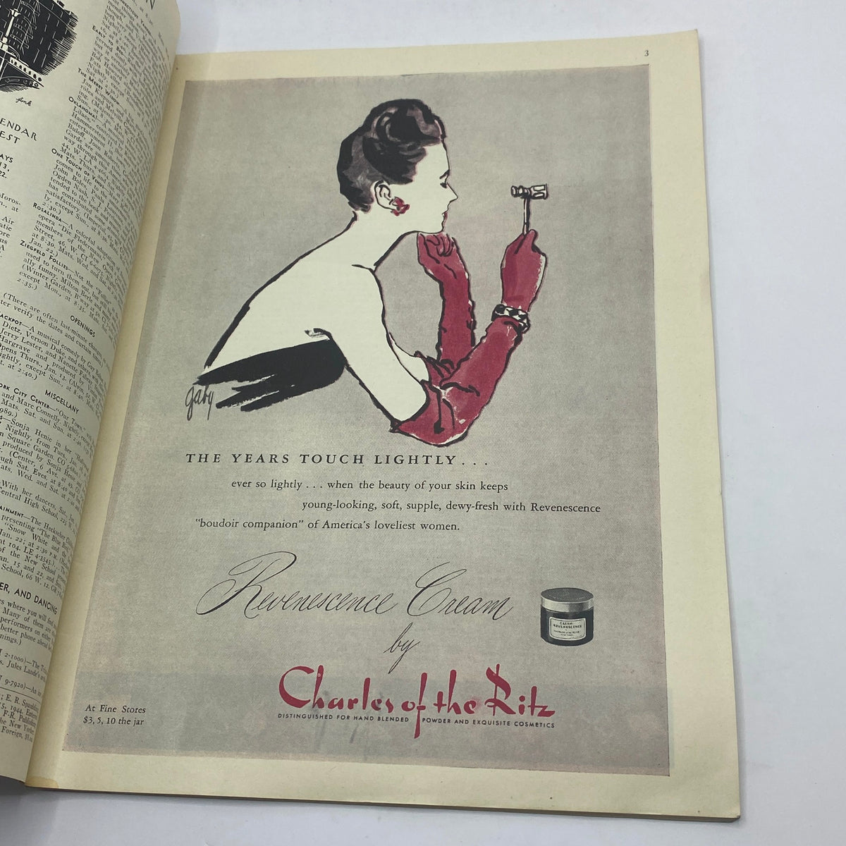 Advertisement from The New Yorker magazine, January 15, 1944 featuring a elegantly dressed woman applying skincare, promoting Revanescence Cream by Charles of the Ritz, showcasing vintage cosmetics.