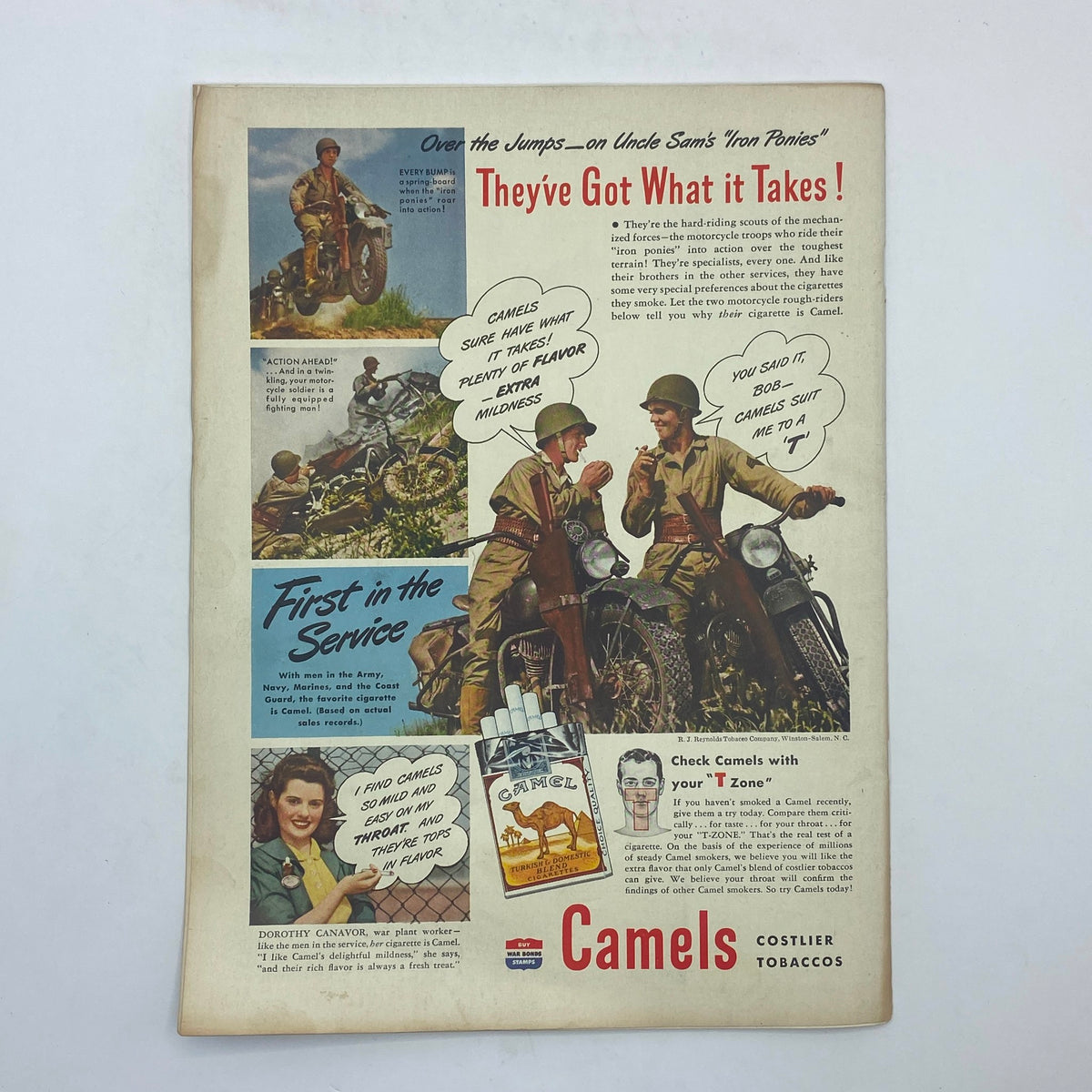 Vintage Camel cigarette advertisement from The New Yorker magazine, January 15, 1944, depicting soldiers on motorcycles, highlighting the product's favorable qualities and service connection.