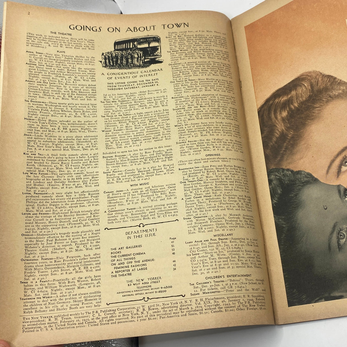 Inside page of The New Yorker Complete Magazine January 1, 1944 featuring the column 'Goings on About Town' and a list of events of interest.
