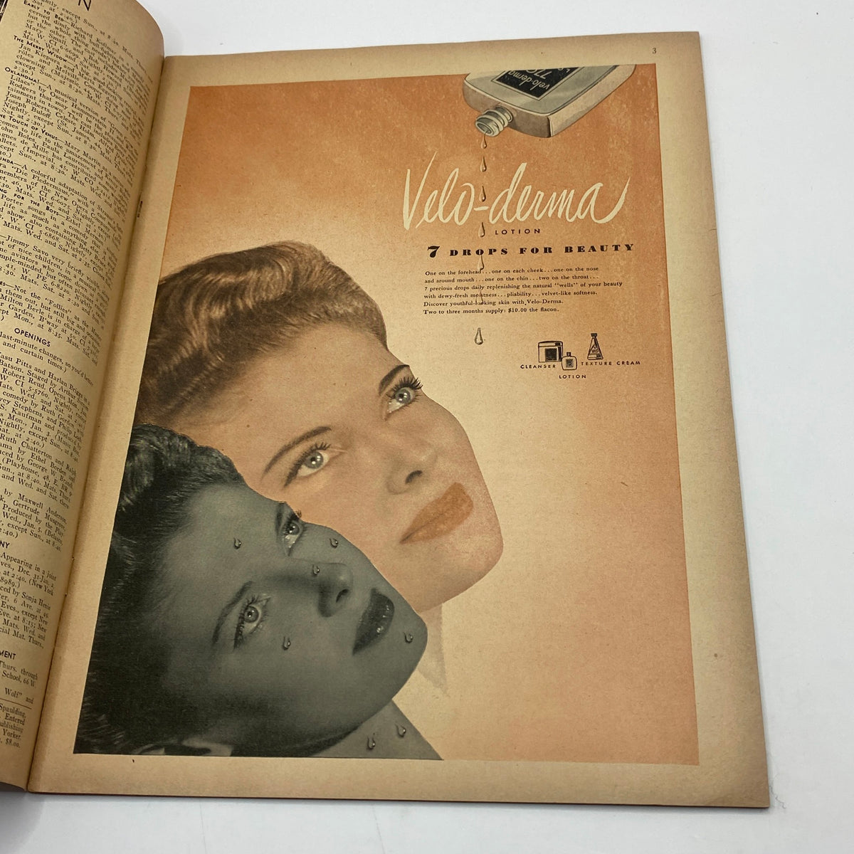 Advertisement page from The New Yorker Complete Magazine January 1, 1944 showcasing Velo-derma lotion with beauty tips.