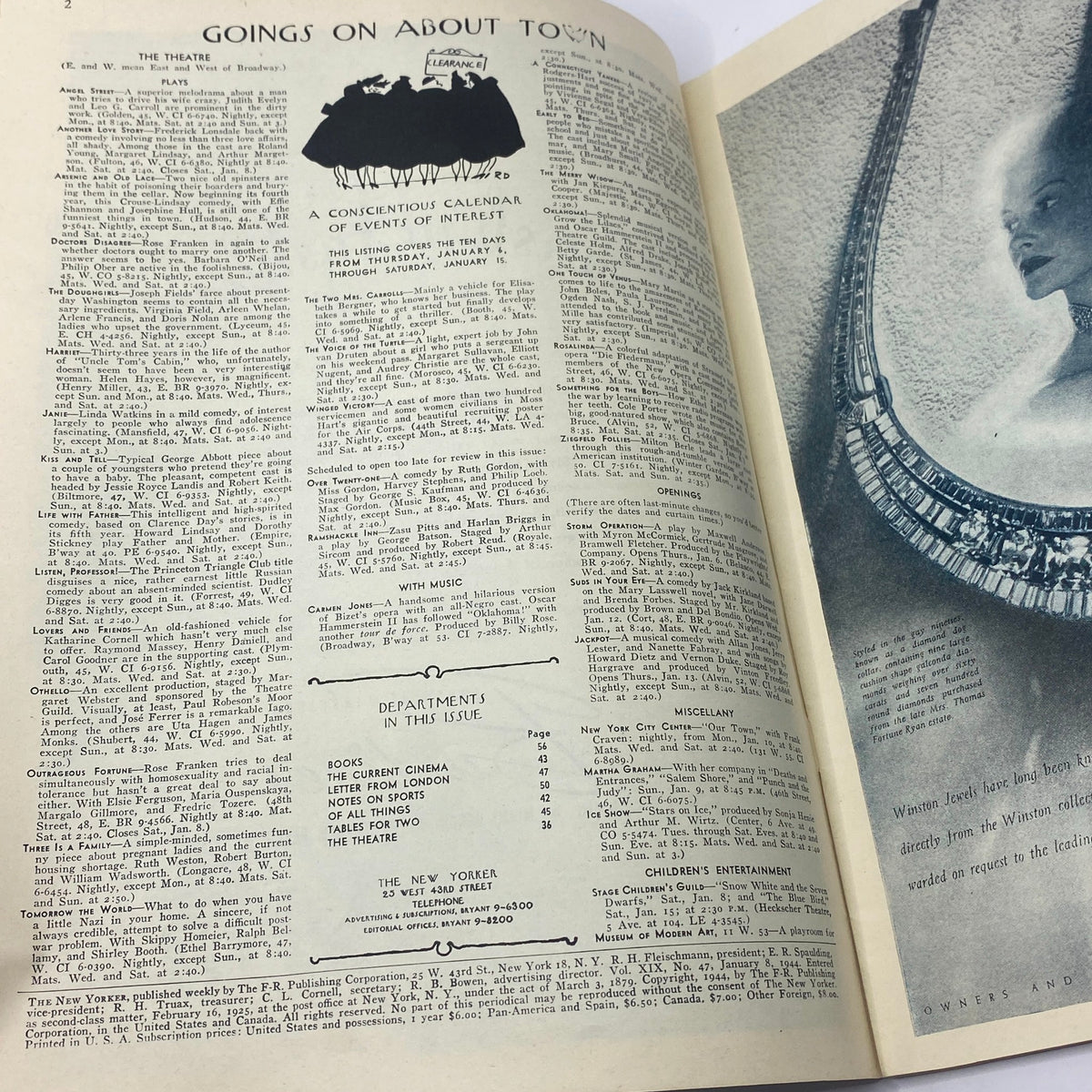 Inside page from The New Yorker January 8, 1944, titled 'Goings On About Town', featuring a calendar of events and listings relevant to the New York City cultural scene.
