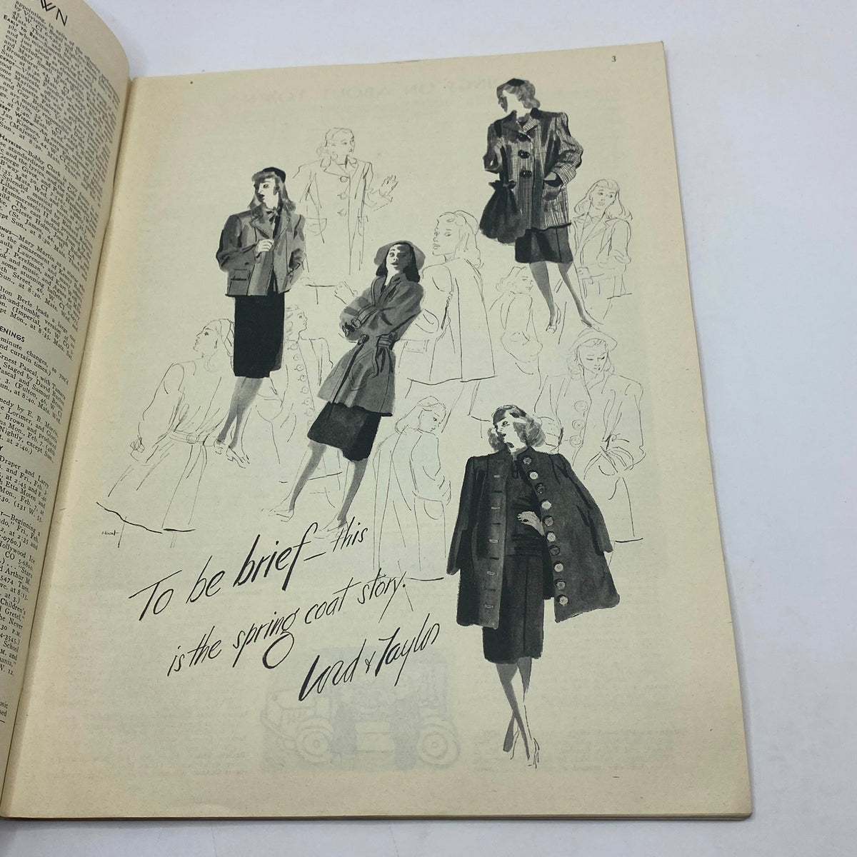 Fashion illustration featuring models in stylish spring coats, from The New Yorker magazine dated February 5, 1944, with art by William Cotton.