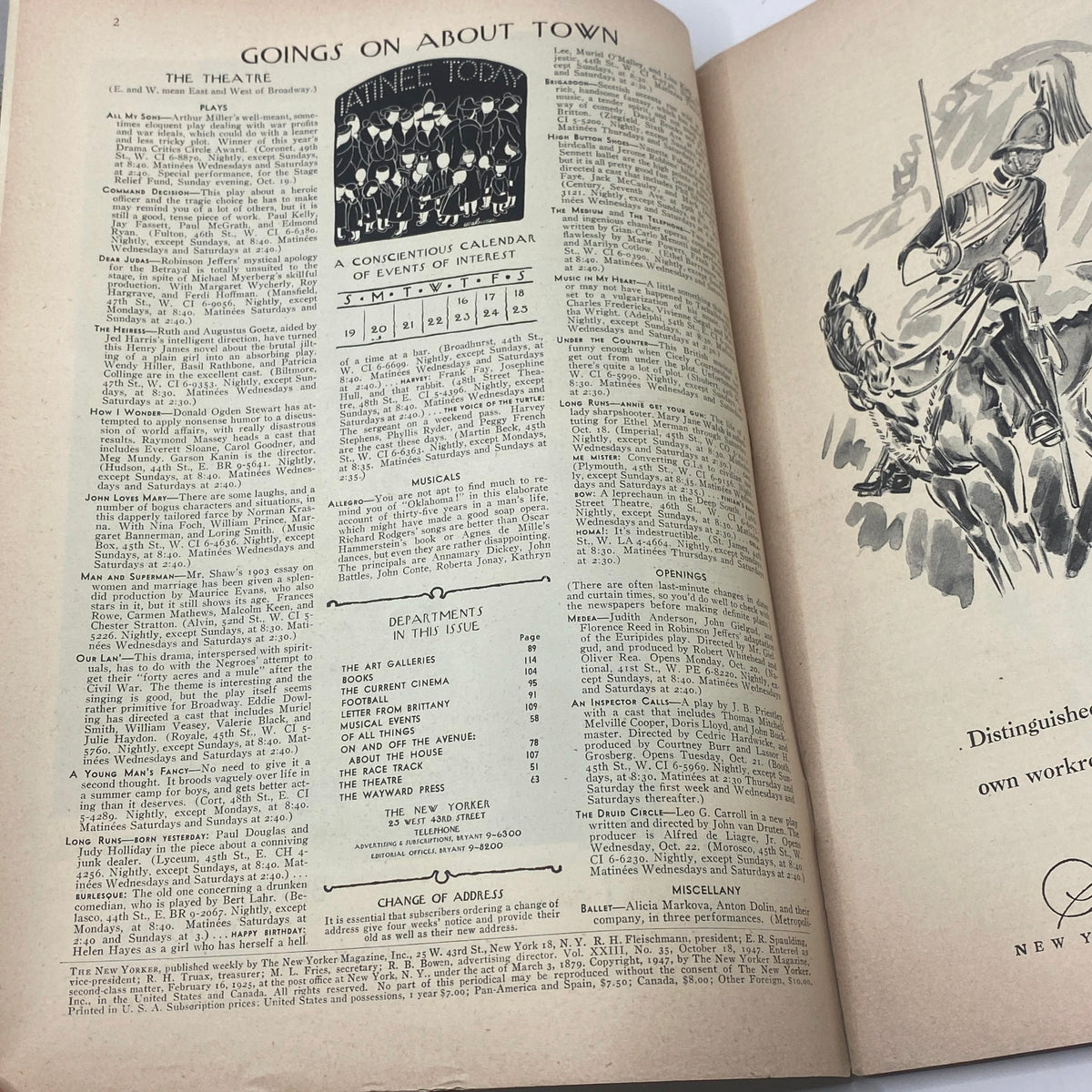Inner pages of The New Yorker Complete Magazine dated October 18, 1947 featuring events and cultural advertisements, attributed to Garrett Price.