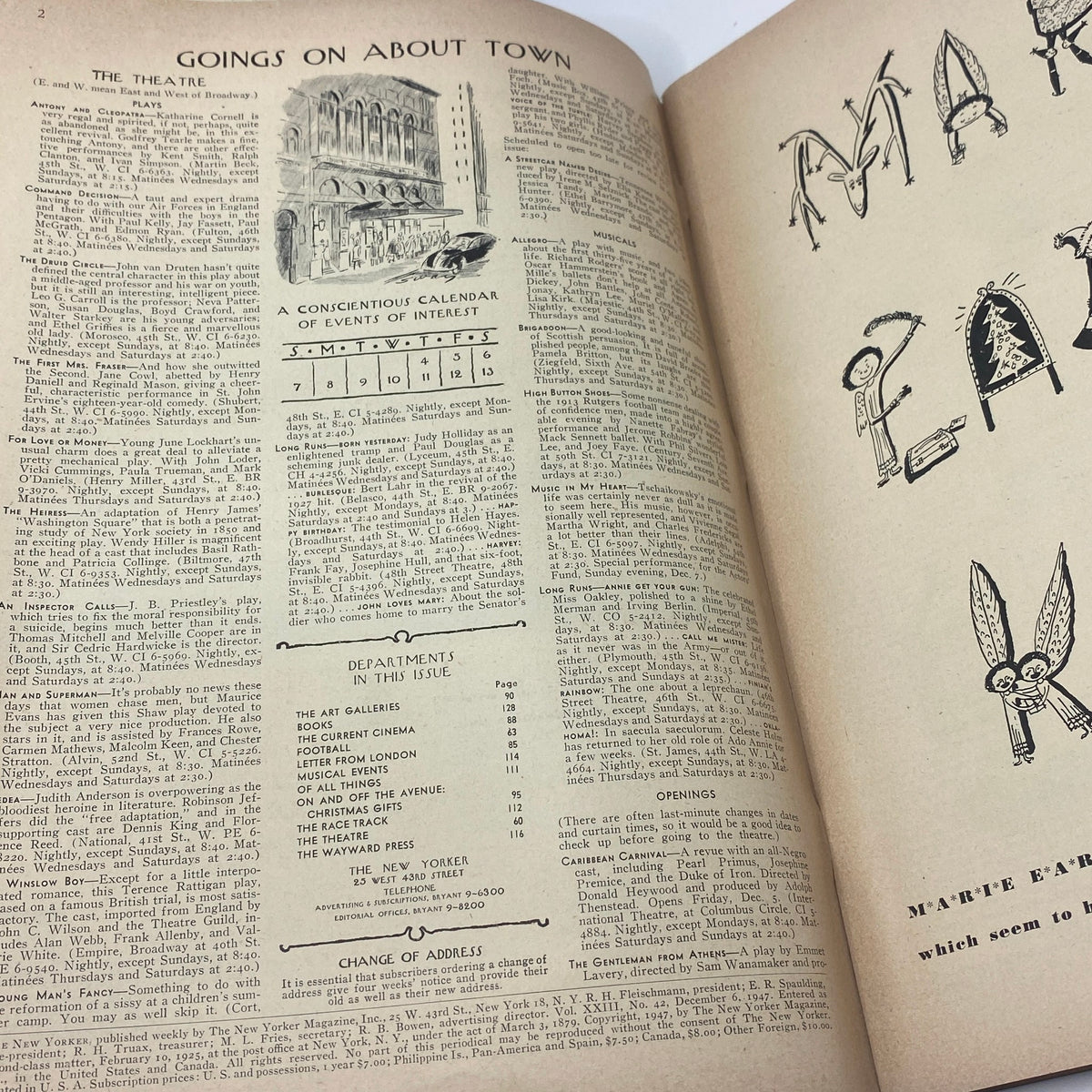 Inside page of The New Yorker magazine from December 6, 1947, showcasing articles about theatre and cultural events of the time.