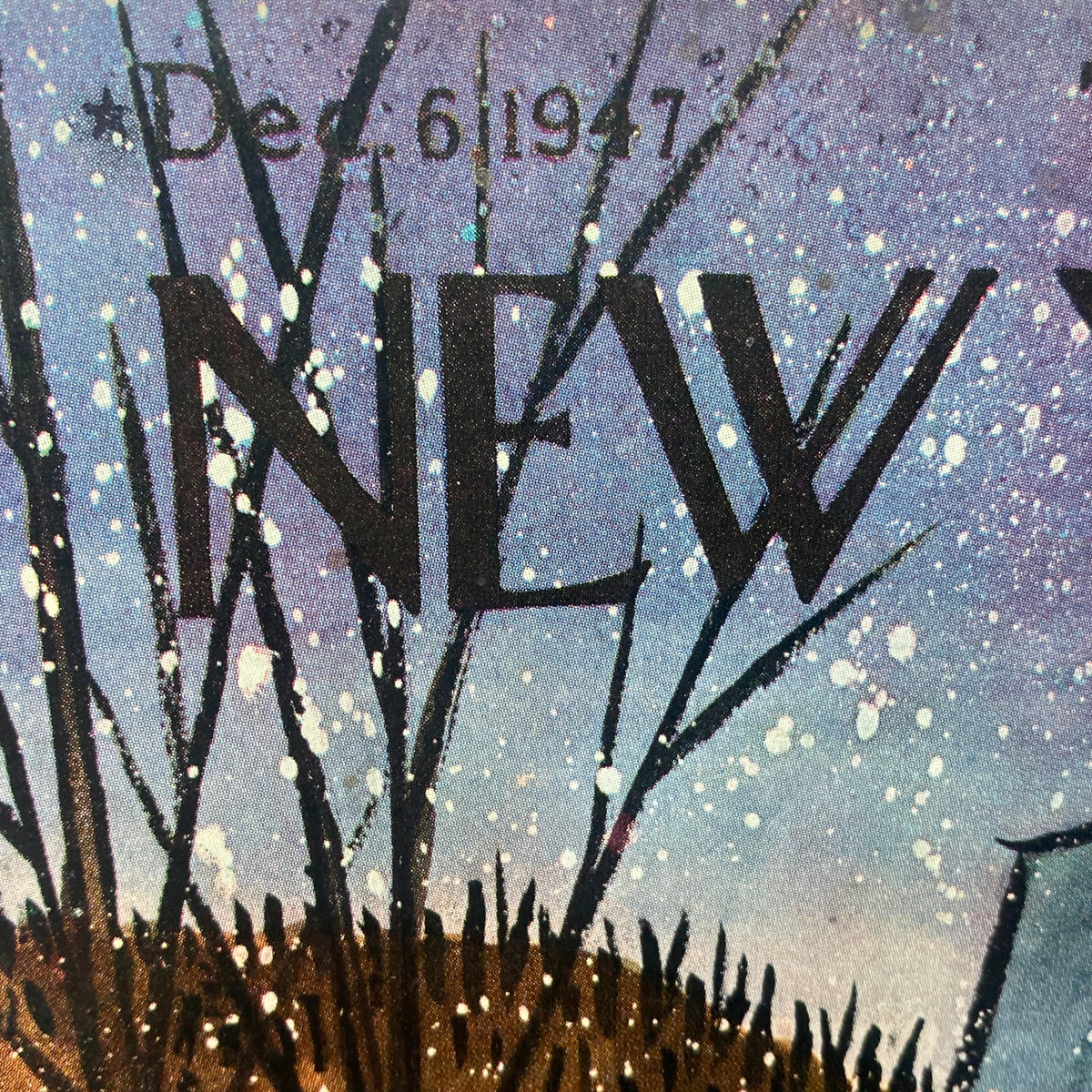 Close-up of the December 6, 1947 cover design featuring the title 'NEW' from The New Yorker magazine with a vibrant background.