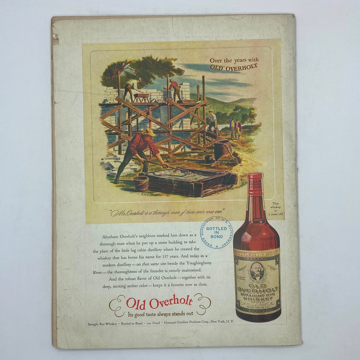 Back cover of The New Yorker magazine, December 6, 1947, featuring an advertisement for Old Overholt whiskey with a colorful illustration of construction work.