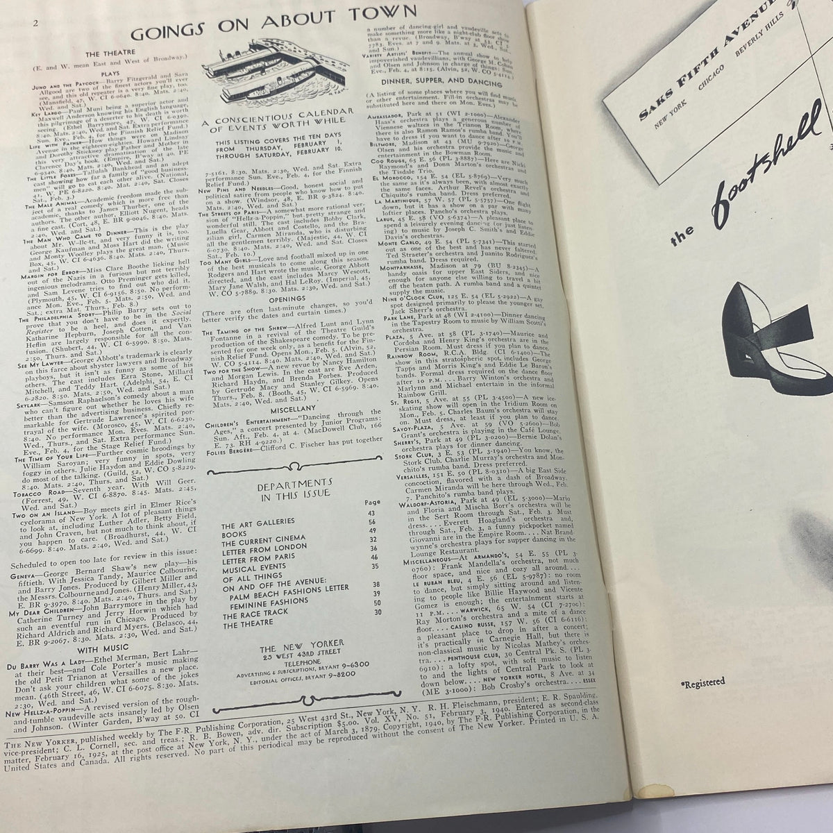 Interior page of The New Yorker Complete Magazine February 3, 1940, featuring the 'Goings On About Town' section.