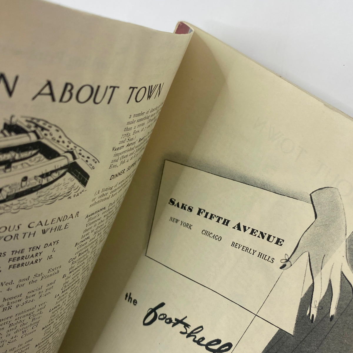 Interior page from The New Yorker Complete Magazine February 3, 1940, showing artwork and advertisements including Saks Fifth Avenue.