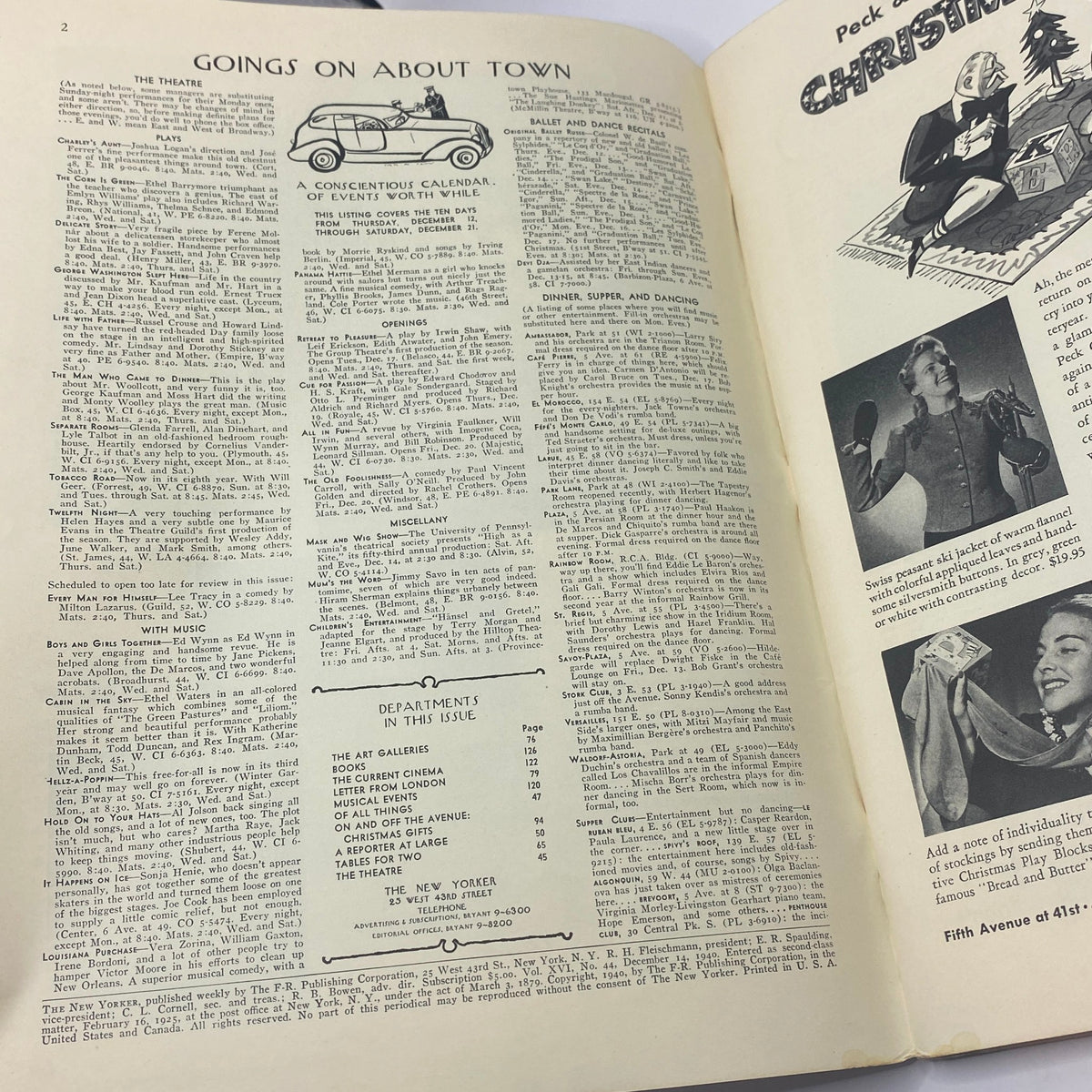 Interior page of The New Yorker magazine from December 14, 1940, featuring events and activities in New York City, highlighted under 'Goings on About Town,' part of the magazine's cultural commentary.