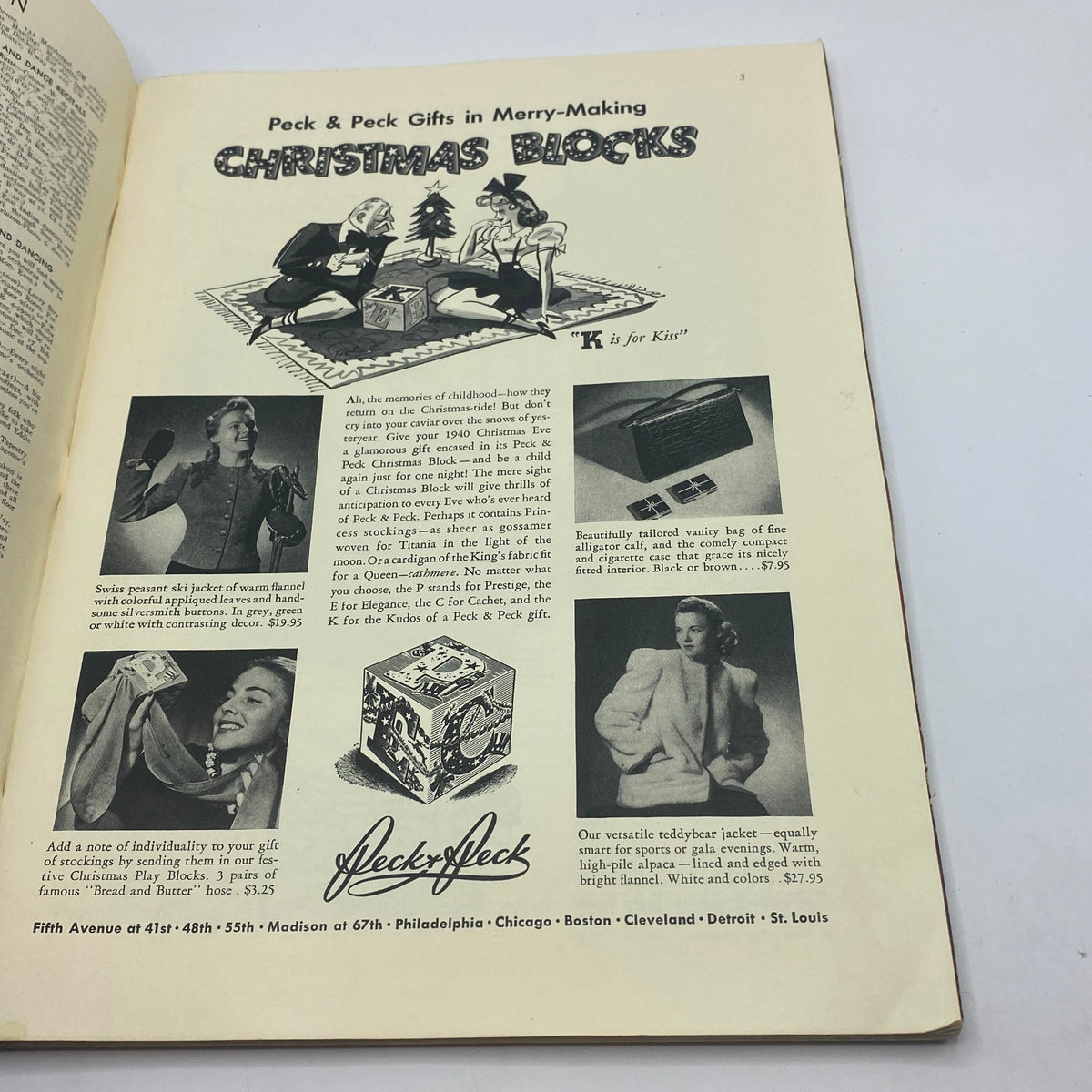 Another interior page of The New Yorker magazine, December 14, 1940, showcasing holiday-themed advertising for gifts, titled 'Peck & Peck Gifts in Merry-Making,' capturing the festive spirit of the season.